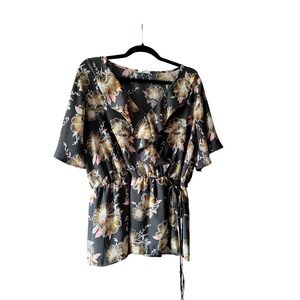 Sienna Sky Womens Floral Ruffle Blouse Top Black Brown‎ Pink Size L